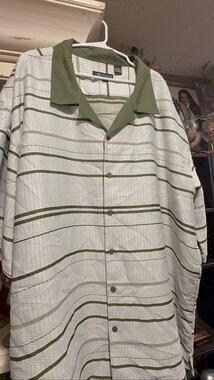 Montique Men’s 5XL Striped Mesh Knit Button Up Shirt Olive Green Cream Retro